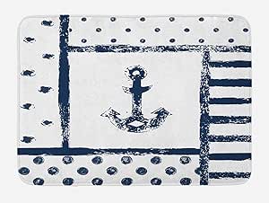 Ambesonne Anchor Bath Mat, Grunge Murky Boat Anchor Silhouette with Polka and Stripe Retro Navy Theme Art, Plush Bathroom Decor Mat with Non Slip Backing, 29.5 X 17.5, Blue White