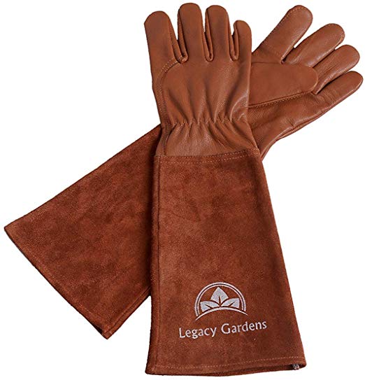 Legacy Gardens Leather Gardening Gloves for Women and Men | Thorn and Cut Proof Garden Work Gloves with Long Heavy Duty Gauntlet | Suitable for Thorny Bushes Cacti Rose Pruning - Large Brown