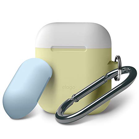 elago AirPods Duo Hang Case [Body:Creamy Yellow/TOP:White, Pastel Blue] - [Extra Protection] [Hassle Free][Added Carabiner] - for AirPods Case