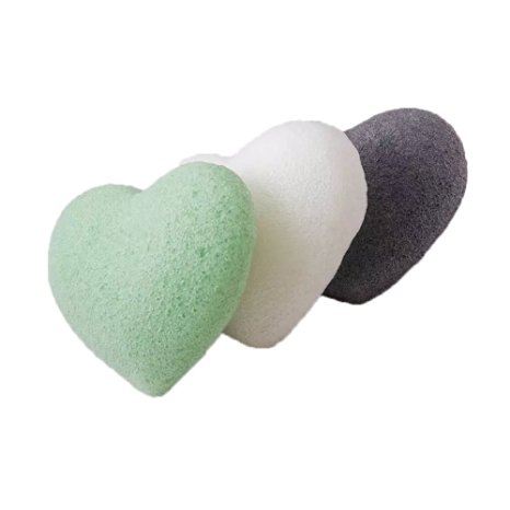 MITE Konjac Sponge with Bamboo Charcoal and Green Tea for Natural Facial Cleansing Exfoliating Beauty Sponges 3 Pack (Heart)