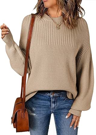 EVALESS Sweaters for Women Cute Lantern Sleeve Pullover Sweater Cable Knit Tops Fall Fashion Clothes Teacher Outfits