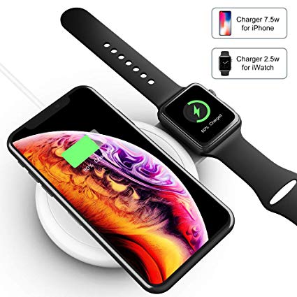2 in 1 Wireless Charger Fatwaior Wireless Charging Station Compatible for iPhone and Apple Watch 10W Wireless Charging Stand Pad Compatible for iWatch 1/2/3/4 iPhone Xs Max/XR/X//8PLUS[No AC Adapter]