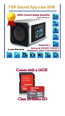 TOP Secret Spy Camera Mini Clock Radio w/16Gb Class 10 Micro Sd Card included. Hidden DVR- Continuous power or battery power.