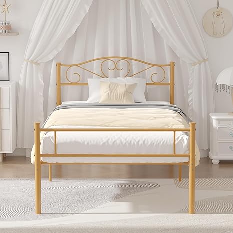 VECELO Metal Platform Bed Frame with Headboard & Footboard, Steel Slats Mattress Foundation, No Box Spring Needed, Twin, Gold