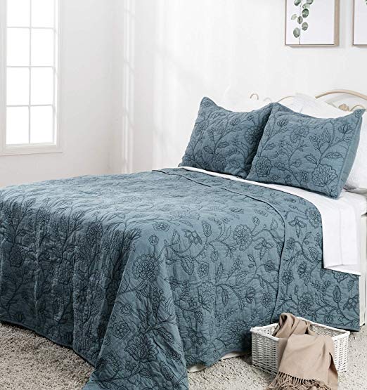 Elegant Life Reversible Cotton Vintage Embroidered Bedding Quilt - Queen Size 90’’ x 95’’, Park Blue