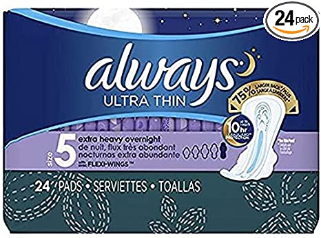 Always Ultra Thin Pads Extra Heavy Overnight w/Flexi-Wings, Unscented 24 ea (Packaging may Vary)