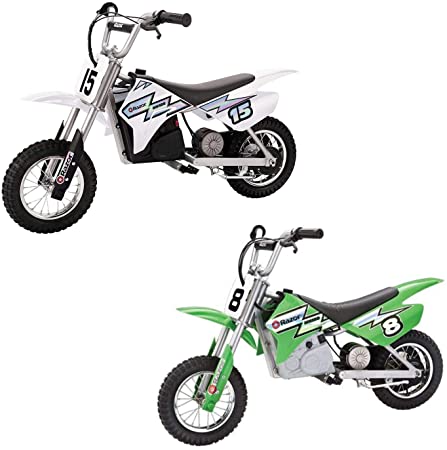 Razor MX400 Kid & Teen Dirt Rocket 24V Ride On High-Torque Electric Motocross Motorcycle Toy Dirt Bikes, Speeds up to 14 MPH, 1 White & 1 Green