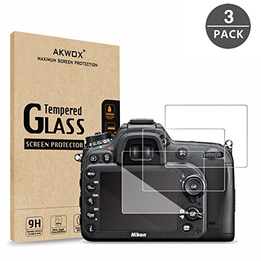(Pack of 3) Tempered Screen Protector For Nikon D7100 D7200 D800 D800e D810 D750 D600 D610 D500, Akwox [0.3mm 2.5D High Definition 9H] Optical LCD Premium Glass Protective Cover