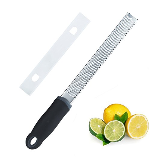Zulay Lemon Zester - Stainless Steel Grater for Cheese, Ginger, Chocolate, Cinnamon, Citrus, Limes with Plastic Cover, Long Ergonomic Handle and Rubber Base, Black