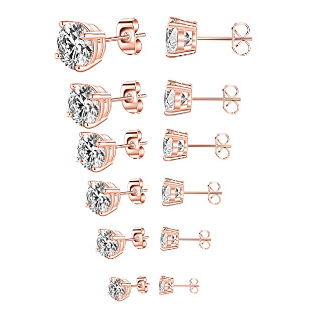 Outop Stud Earrings for Women Round Cubic Zirconia Stainless Steel Earrings Studs Plated White Gold, 3-8mm (6 Pairs)