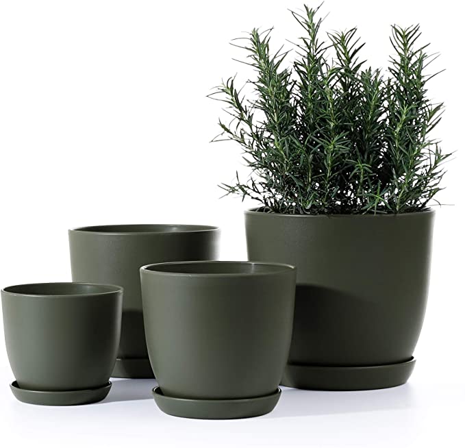 Plastic Plant Pot - POTEY 7.5/6.3/5.5/4.5 Inch Modern Decorative Indoor Planter with Drainage Hole and Trays for All House Plants - 005, Green, Set of 4