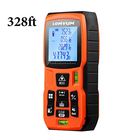 Lomvum Laser Measure 328Ft Ft/In/Meter with 2 Bubble Levels and Backlit LCD Display, Includes Area, Distance, Length, Volume, Continuous Measurement, with Storage Function, Reflective Panel Included