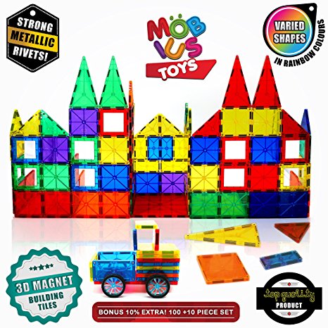 Magnetic Building Blocks, 100 10 Extra Pieces of 3D Magnet Building Tiles, Educational Construction Magnetic Toy for Kids, Varied Shapes in Rainbow Colours, Strong Metallic Rivets, Plus Wheels & Bag