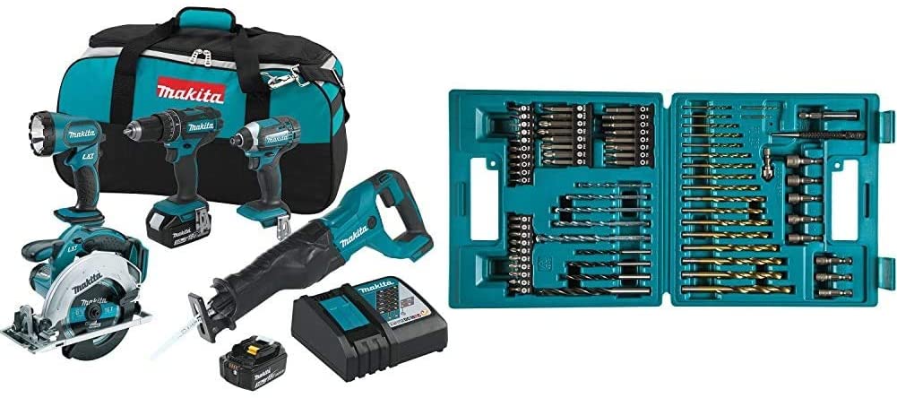 Makita XT505 18V LXT Lithium-Ion Cordless 5-Pc. Combo Kit (3.0Ah) & B-49373 75 PC Metric Drill and Screw Bit Set