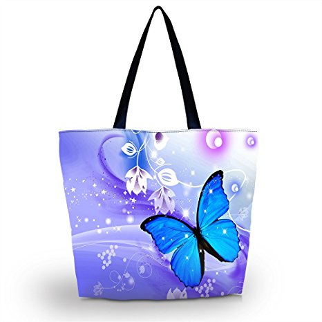 ICOLOR Reusable Grocery Bags Hand Bags Totes, Foldable Handbags Grocery Tote Beach Bag Shopping Bags Zipper Bags for Women Men Girls, Washable, Durable and Lightweight Big Blue Butterflies (GWB-34)