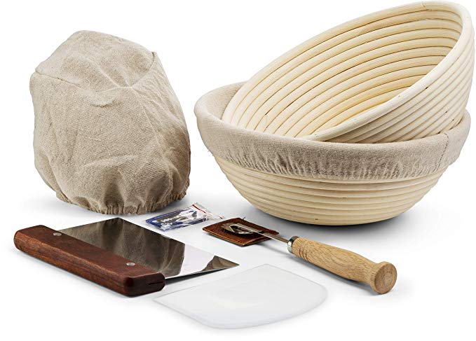 Banneton Proofing Basket, Set of 2, by KooK, Perfect for Sourdough, Includes Metal Dough Scraper, Plastic Scraper, Scoring Lame and Case, Extra Blades