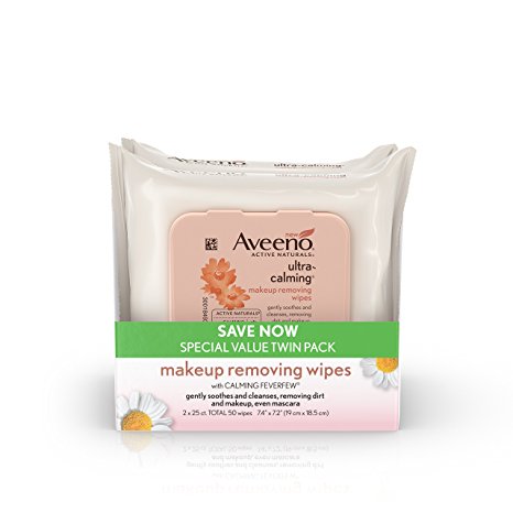 Aveeno Ultra-Calming Cleansing Oil-Free Makeup Removing Wipes for Sensitive Skin, 25 Count, Twin Pack