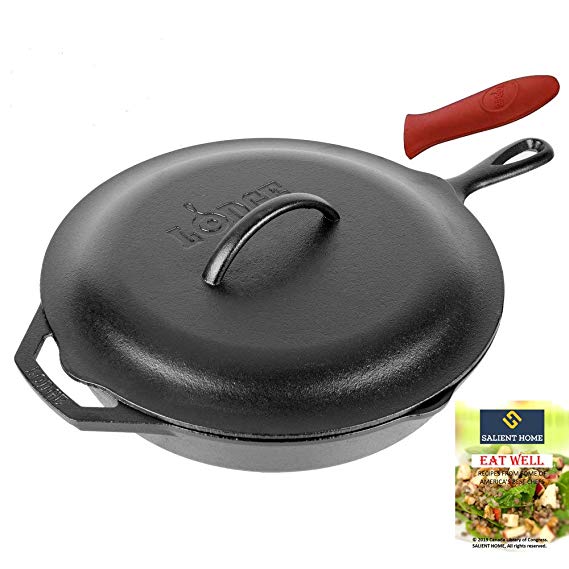 Lodge 12" Cast Iron Skillet with Cover | Pre-Seasoned Cookware, Ready for Stovetop, Oven Cooking| Grill, Induction Safe| Hot Handle Holder | Bundle INCLUDES SALIENT HOME Recipe Book