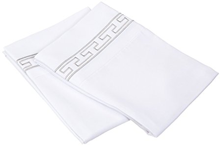 Super Soft Light Weight, 100% Brushed Microfiber 2-Piece Standard Pillowcases Set Wrinkle Resistant, White with Grey Regal Embroidery