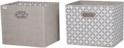 South Shore Furniture Storit Chambray and Patterned Fabric Storage Baskets (2 Pack), Taupe and White