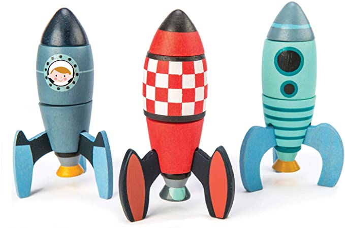 Rocket Construction Toy Set - 18 Pc Wooden Construction Set Builds 3 Rocket Ships - Made with Premium Materials and Craftsmanship - Develops Problem Solving Skills and Imaginative Play - 3  Years