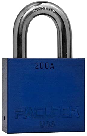 PACLOCK's 200A Series Padlock, Buy America Act Compliant, Blue Anodized Alum, High Security 6-Pin Cylinder, One Lock Keyed to #26541 w/ 2 Keys, Hardened Steel Shackle, 1-1/8" Height