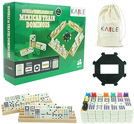 KAILE Mexican Train Dominos Game Set with 4 Wooden Trays, Double 12 Dots Domino Racks Sets 91 Tiles Dominoes for Travel Dominoes Game