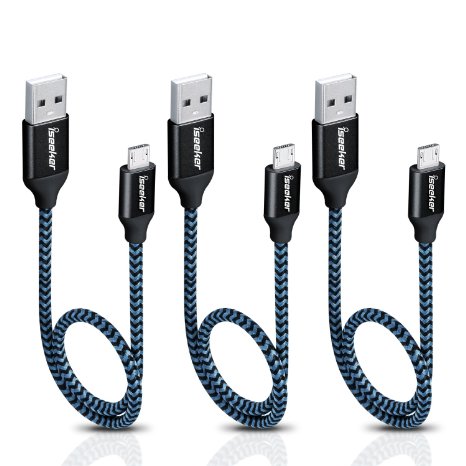 Micro USB Cord, iSeeker 1ft/0.3M Extra short for DJI Inspire 1& Phantom 3 High Charging Speed Nylon Braided USB Cable for External Battery Charger, Samsung, Android and More [3-Pack]