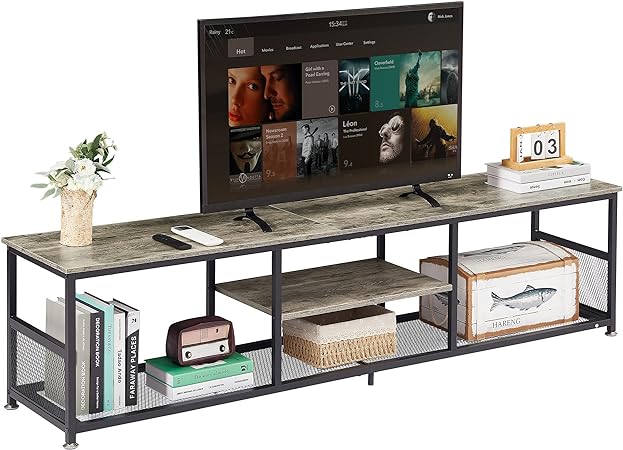 VECELO Industrial TV Stand for Televisions up to 80 Inch, 70" Entertainment Center with Open Storage Shelves for Living Room/Bedroom, 3 Tiers Media Console Table with Metal Frame, Grey, 70 Inches