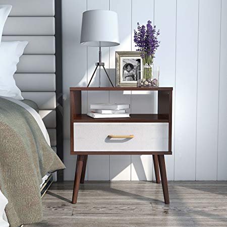 Lifewit Nightstand with 1 Fabric Drawer, Bedside Table Bedroom Side Table, Partical Board and Wooden Legs, Easy Assembly and Sturdy, Brown