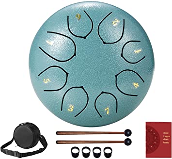 Pasutewel Blue Steel Tongue Drum 8 Notes 6 inches Percussion Instrument Handpan Drum with Bag, Music Book, Mallets, Finger Picks