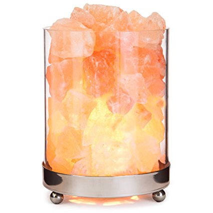 INVITING HOMES Natural Himalayan Salt Lamp in Clear Glass Holder with Stainless Steel Base, Dimmable Switch, 6ft UL-Listed Cord, and 15-Watt Light Bulb
