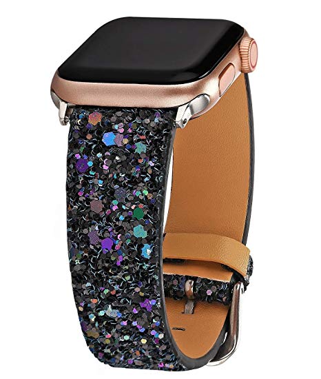 Greaciary Glitter Bling Band Compatible for Apple Watch 38mm 40mm Leather Luxury Shiny Sparkle Women Strap Wristbands Replacement for iWatch Series 5/4/3/2/1
