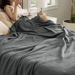 Bedsure 100% Cotton Blanket King Size for Bed - Breathable and Lightweight Thin Blanket for Summer, Soft Herringbone Weave Woven Blanket for Spring, Dark Grey, 108x90 inches