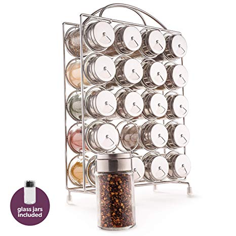 Spice Rack Organizer with Set of 20 Glass Spice Jars Included by Mindspace - Spices and Seasoning Rack for Countertop or Cabinet | The Wire Collection, Chrome