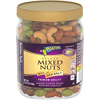 PLANTERS Deluxe Mixed Nuts with Sea Salt, 27 oz. Resealable Container | Variety Mixed Nuts Snacks with Cashews, Almonds, Pecans, Pistachios & Hazelnuts | Kosher