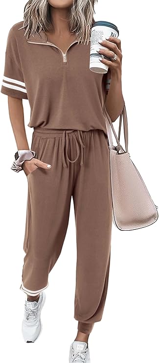 MASCOMODA 2 Piece Outfits for Women 2024 Summer Casual Quarter Zip Short Sleeve Tops Long Pants Tracksuit Jogger Lounge Sets