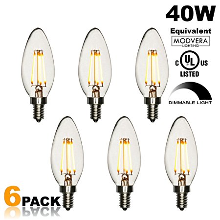 6 pack - Modvera 40W Equivalent LED Candelabra Bulb Blunt Tip 4 watt 2200K Color Temperature Chandelier Bulb, Candelabra Base E12 UL listed RoHS compliant
