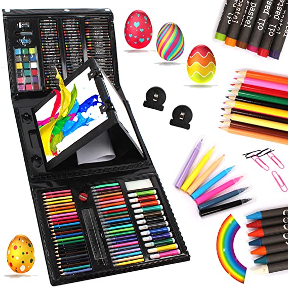 UMARDOO 208 Pieces Art Set with Double Side, Trifold Drawing Set with Oil Pastels, Crayons, Colored Pencils, Markers, Paint Brush, Watercolor Cakes, Sketch Pad (Black)