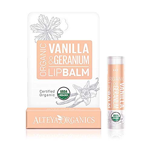 Alteya Organic Lip Balm Vanilla & Geranium 5g - USDA Certified Organic Pure Natural Lip Care Based on a Carefully Selected Bouquet of Hydrating and Nourishing Botanical Oils and Butters