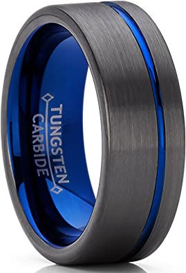 Men's Grooved Tungsten Carbide Wedding Band Engagement Ring Gun Metal and Blue Color, Comfort Fit 8mm