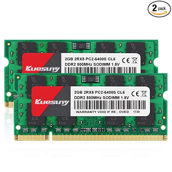 4GB Kit (2GBX2) DDR2 800 Sodimm RAM, Kuesuny PC2-6400/PC2-6400S 1.8V CL6 200 Pin Non-ECC Unbuffered Notebook Laptop Memory Modules