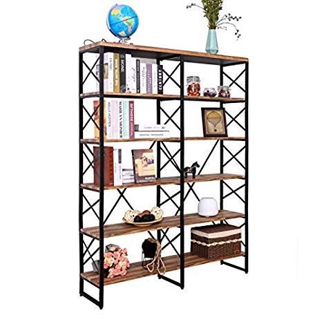 IRONCK Bookshelf, Double Wide 6-Tier 70" H Open Bookcase Vintage Industrial Style Shelves Wood and Metal Bookshelves, Home, Office Furniture
