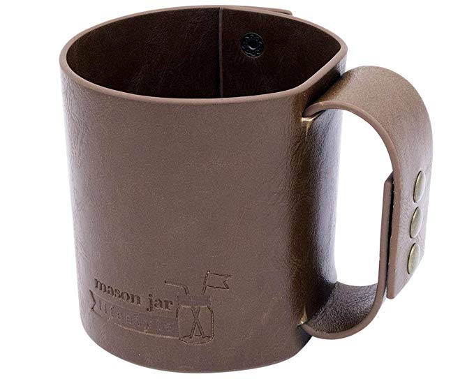 Faux Leather Sleeve with Handle/Travel Mug for Wide Mouth Pint Mason, Canning Jars