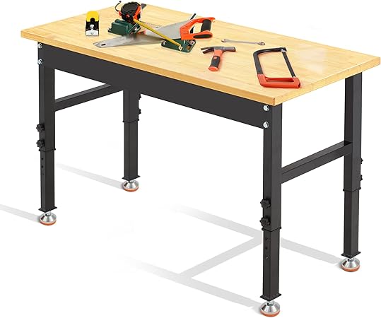 Antifir 48" Adjustable Workbench,Heavy Duty Workstation with Rubber Wood Top, 2000 LBS Load Capacity Hardwood Garage Workbench for Garage,Office,Workshop,Home, Easy Assembly