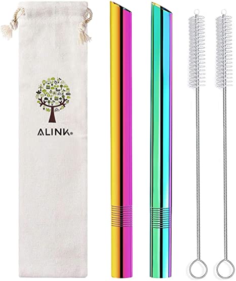 [Pointed Design] ALINK Stainless Steel Boba Straws, 1/2" Wide Colored Reusable Metal Smoothie Straws for Bubble Tea/Tapioca Pearl, Milkshakes, 2 Straws   2 Cleaning Brush   1 Case