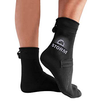 BPS STORM 'Smart Sock' ULTRA PREMIUM Water Fin Sock (Unisex) 3mm Neoprene Glued and Blind Stitched w/Fit Adjustment Straps - for snorkeling, tide-pooling, and all water and sand activities
