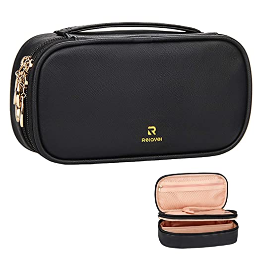 MONSTINA Makeup Brush Bag, Makeup Case for Women, Portable Travel Makeup Brush Bag, Double-layer Compartment Storage Bag Accessories Case for Daily Supplies with Double Zipper (Black PU Leather)