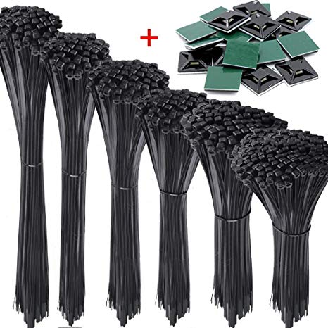 AUSTOR 1200 Pcs Zip Ties and Adhesive Zip Tie Mounts Kit Black Nylon Cable Tie in 4/6/ 8/10/ 12/14 Inches(Including 20 Pcs Cable Tie Mounting Base)