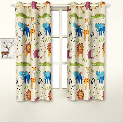 BGment Room Darkening Kids Curtains With Variety of Cute Animals Printed For Kid's Room 2 Panels, Grommets Top, (42x63 Inch, Beige)
